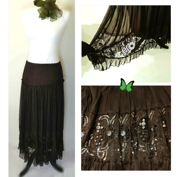 Elegant Brown Midi Flowy Skirt Mesh Sequin Cut-out Lace Lined Elastic Waistline - Picture 1 of 9